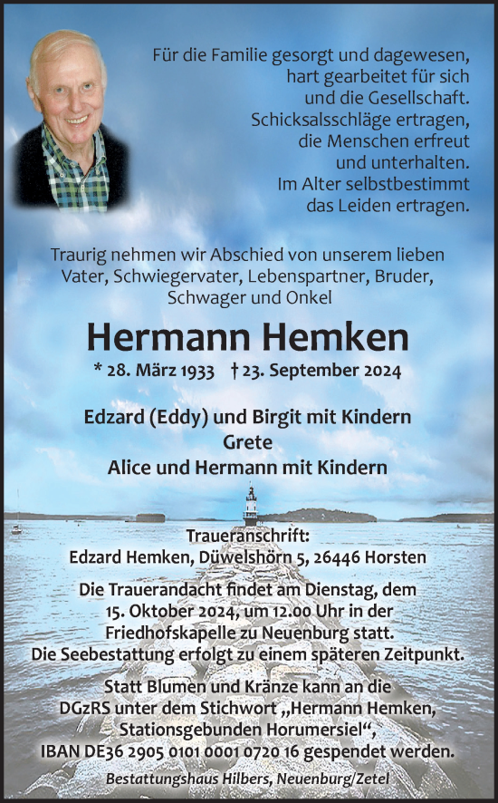 Traueranzeige von Hermann Hemken von Ostfriesischer Kurier