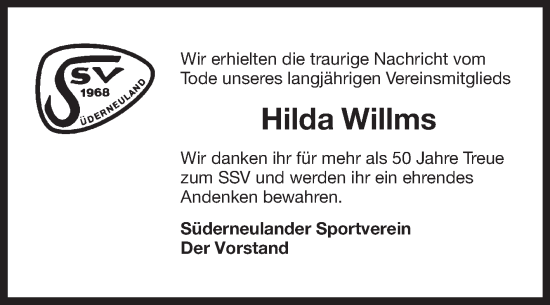 Traueranzeige von Hilda Willms von Ostfriesischer Kurier