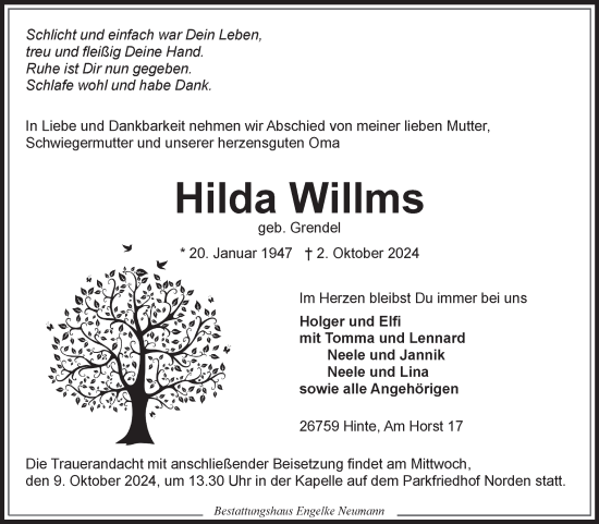 Traueranzeige von Hilda Willms von Ostfriesischer Kurier
