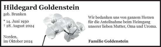 Traueranzeige von Hildegard Goldenstein von Ostfriesischer Kurier