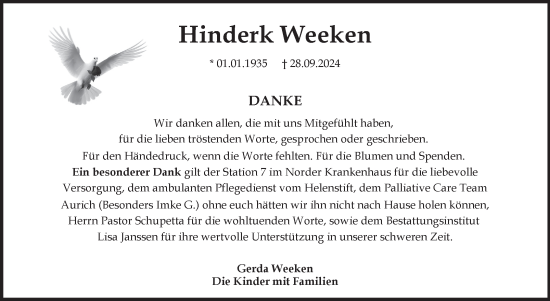 Traueranzeige von Hinderk Weeken von Ostfriesischer Kurier