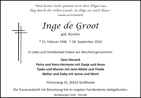 Traueranzeige von Inge de Groot von Ostfriesischer Kurier