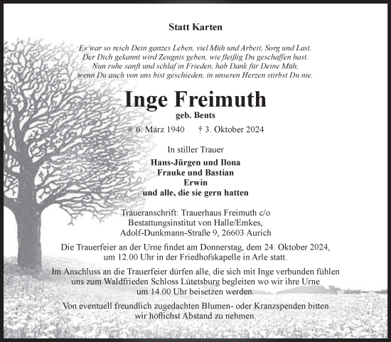 Traueranzeige von Inge Freimuth von Ostfriesischer Kurier