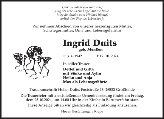 Traueranzeige von Ingrid Duits von Ostfriesischer Kurier