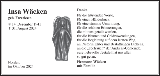 Traueranzeige von Insa Wäcken von Ostfriesischer Kurier
