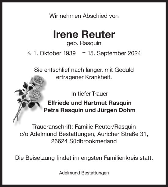 Traueranzeige von Irene Reuter von Ostfriesischer Kurier