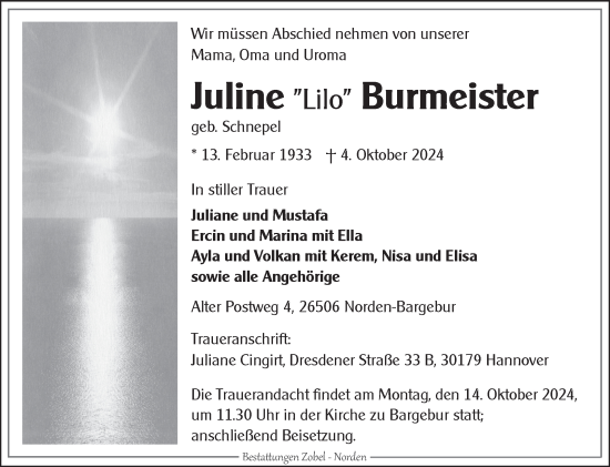 Traueranzeige von Juline Burmeister von Ostfriesischer Kurier