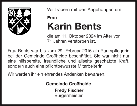 Traueranzeige von Karin Bents von Ostfriesischer Kurier