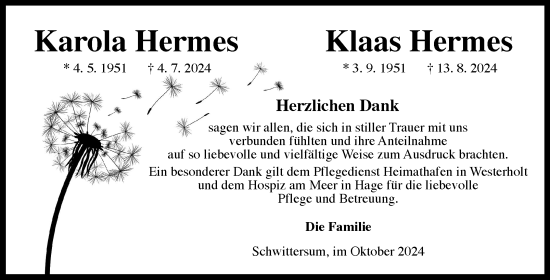 Traueranzeige von Karola und Klaas Hermes von Ostfrisischer Kurier