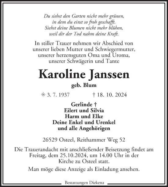 Traueranzeige von Karoline Janssen von Ostfriesischer Kurier
