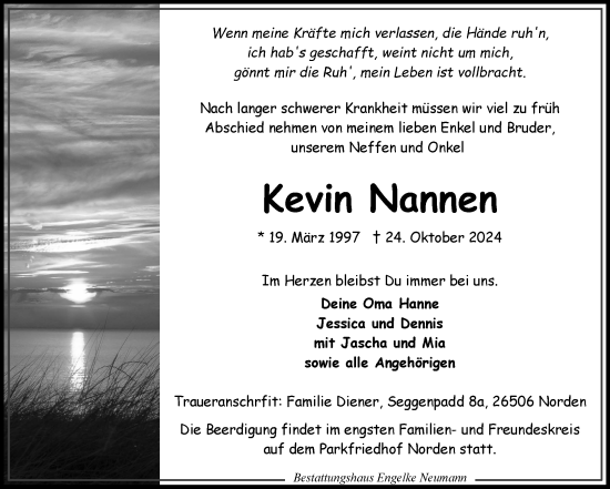 Traueranzeige von Kevin Nannen von Ostfriesischer Kurier