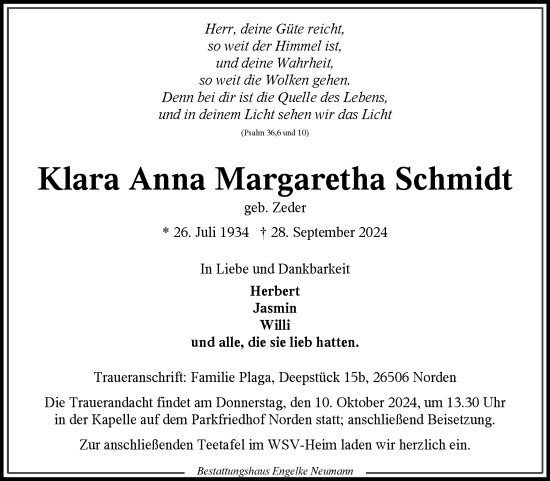 Traueranzeige von Klara Anna Margaretha Schmidt von Ostfriesischer Kurier