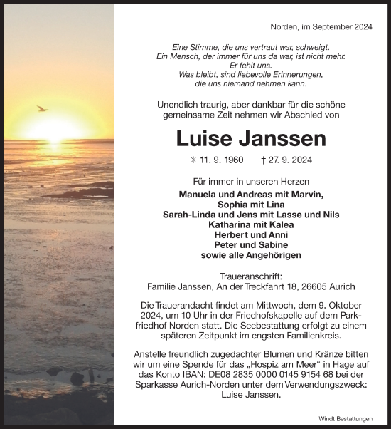 Traueranzeige von Luise Janssen von Ostfriesischer Kurier