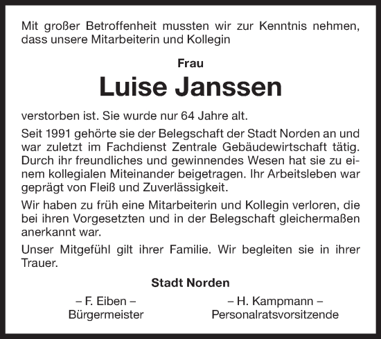 Traueranzeige von Luise Janssen von Ostfrisischer Kurier