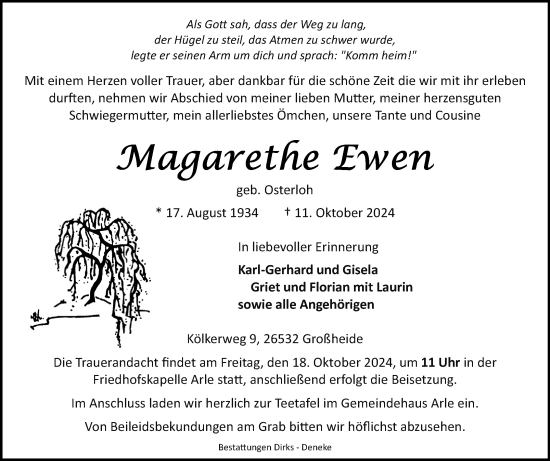 Traueranzeige von Magarethe Ewen von Ostfriesischer Kurier