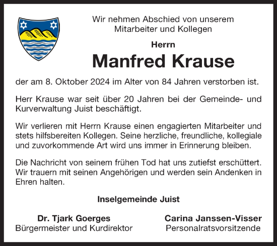 Traueranzeige von Manfred Krause von Ostfriesischer Kurier