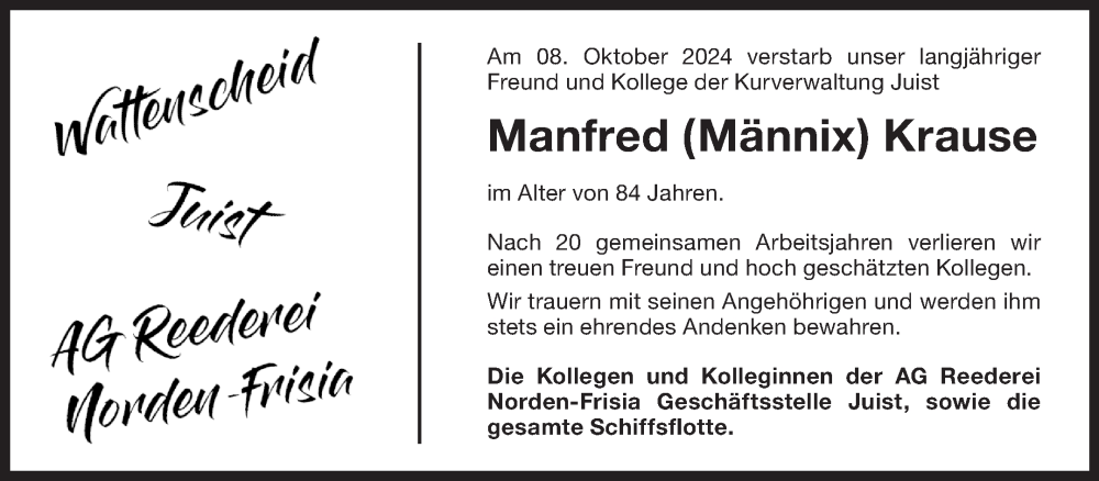  Traueranzeige für Manfred Krause vom 12.10.2024 aus Ostfriesischer Kurier
