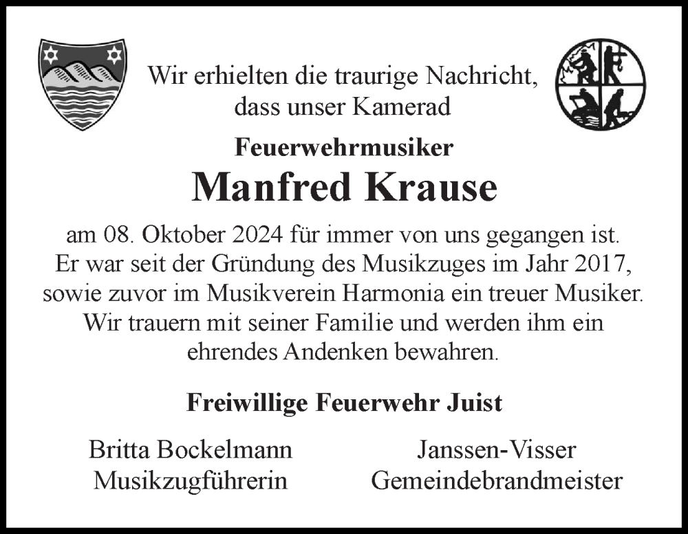  Traueranzeige für Manfred Krause vom 12.10.2024 aus Ostfriesischer Kurier
