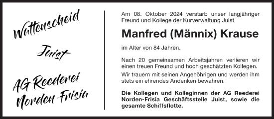 Traueranzeige von Manfred Krause von Ostfriesischer Kurier