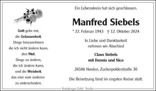 Traueranzeige von Manfred Siebels von Ostfriesischer Kurier
