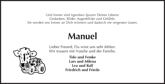 Traueranzeige von Manuel  von Ostfriesischer Kurier
