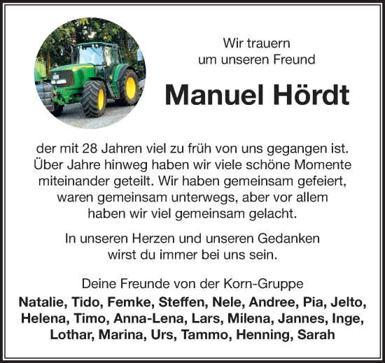 Traueranzeige von Manuel Hördt von Ostfriesischer Kurier
