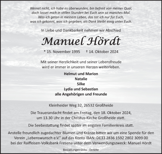 Traueranzeige von Manuel Hördt von Ostfriesischer Kurier