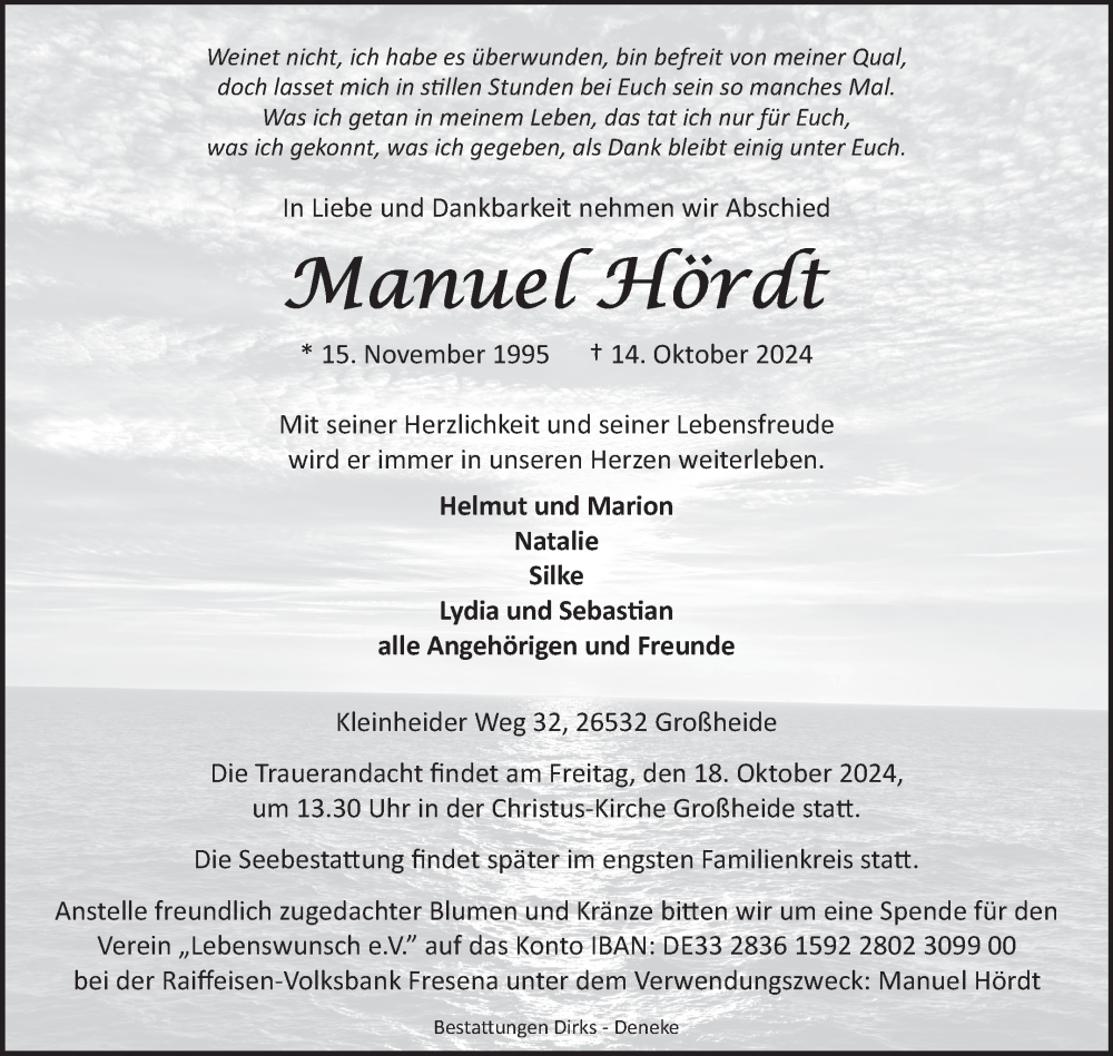  Traueranzeige für Manuel Hördt vom 16.10.2024 aus Ostfriesischer Kurier