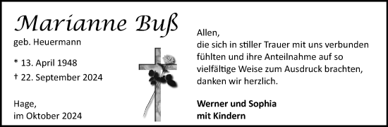 Traueranzeige von Marianne Buß von Ostfriesischer Kurier