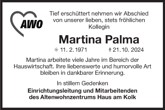 Traueranzeige von Martina Palma von Ostfriesischer Kurier