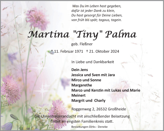 Traueranzeige von Martina Palma von Ostfriesischer Kurier