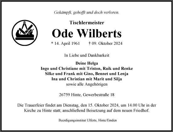 Traueranzeige von Ode Wilberts von Ostfriesischer Kurier