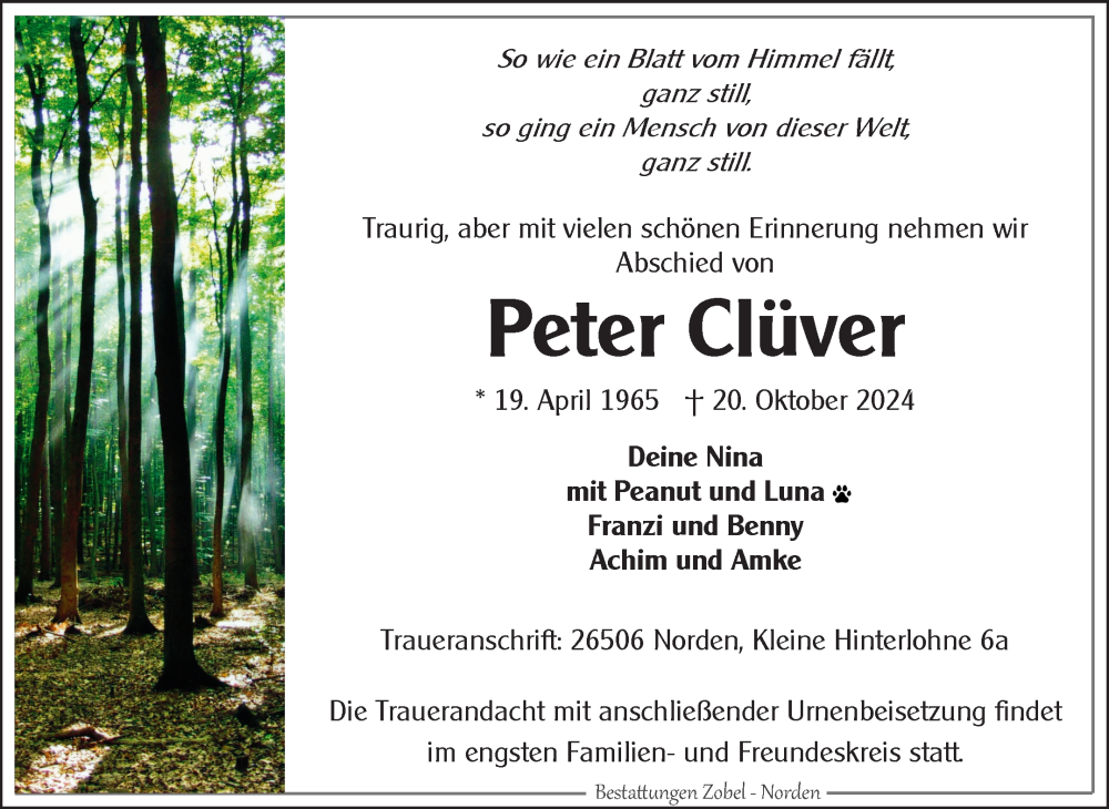  Traueranzeige für Peter Clüver vom 22.10.2024 aus Ostfriesischer Kurier