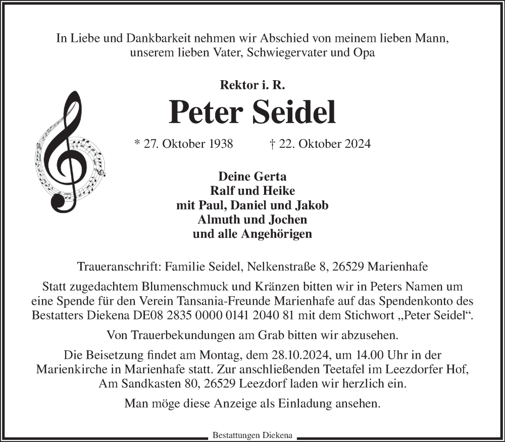  Traueranzeige für Peter Seidel vom 25.10.2024 aus Ostfriesischer Kurier
