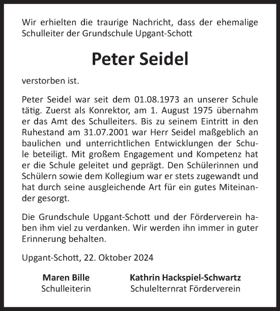 Traueranzeige von Peter Seidel von Ostfriesischer Kurier