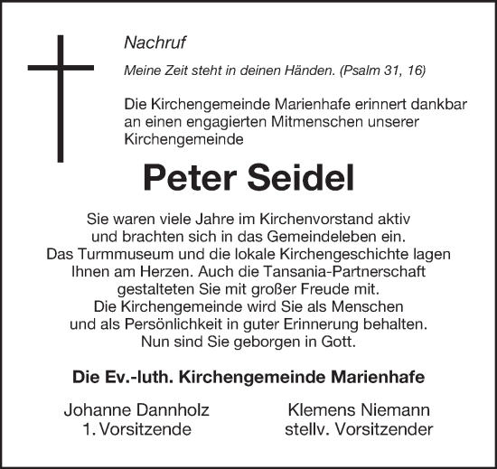 Traueranzeige von Peter Seidel von Ostfriesischer Kurier