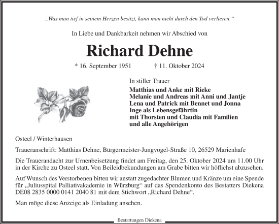 Traueranzeige von Richard Dehne von Ostfriesischer Kurier