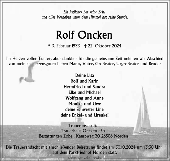 Traueranzeige von Rolf Oncken von Ostfriesischer Kurier