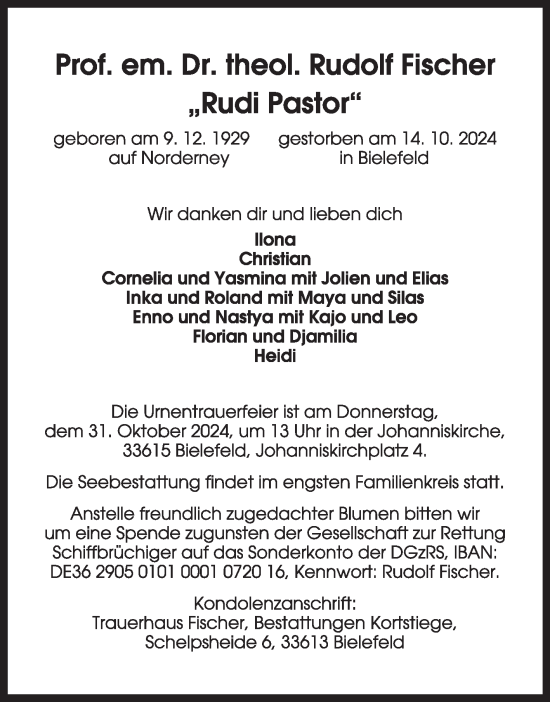 Traueranzeige von Rudolf Fischer von Ostfriesischer Kurier