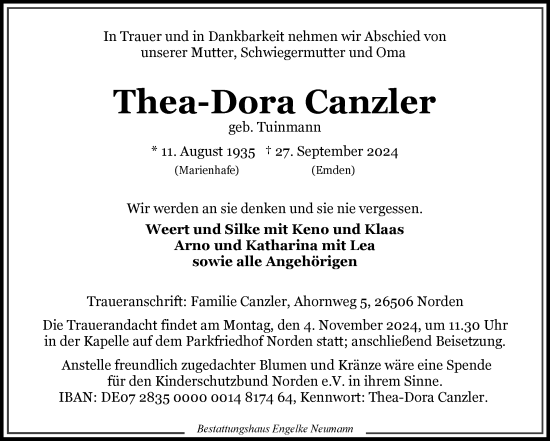 Traueranzeige von Thea-Dora Canzler von Ostfriesischer Kurier