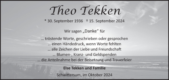 Traueranzeige von Theo Tekken von Ostfriesischer Kurier