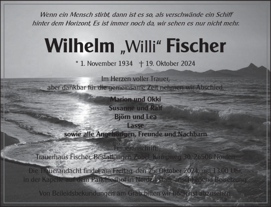 Traueranzeige von Wilhelm Fischer von Ostfriesischer Kurier