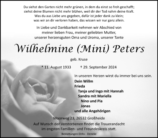 Traueranzeige von Wilhelmine Peters von Ostfrisischer Kurier