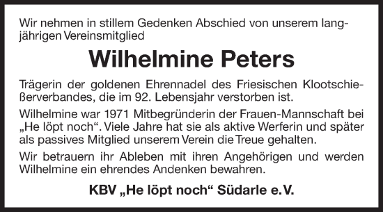 Traueranzeige von Wilhelmine Peters von Ostfrisischer Kurier