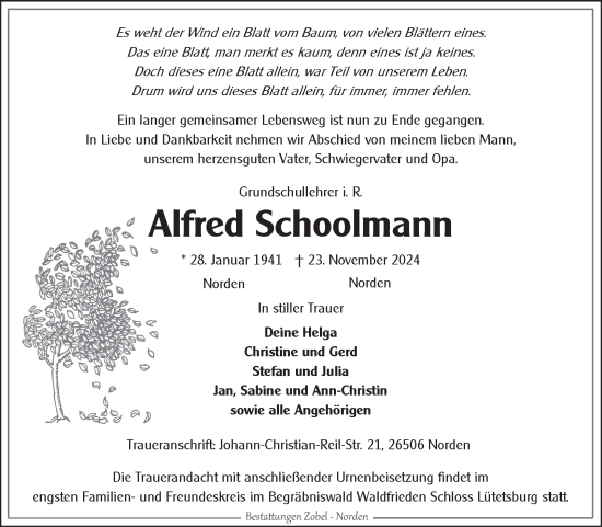 Traueranzeige von Alfred Schoolmann von Ostfriesischer Kurier
