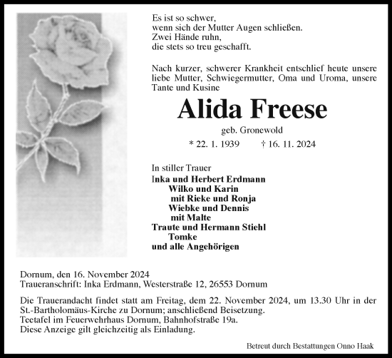 Traueranzeige von Alida Freese von Ostfriesischer Kurier