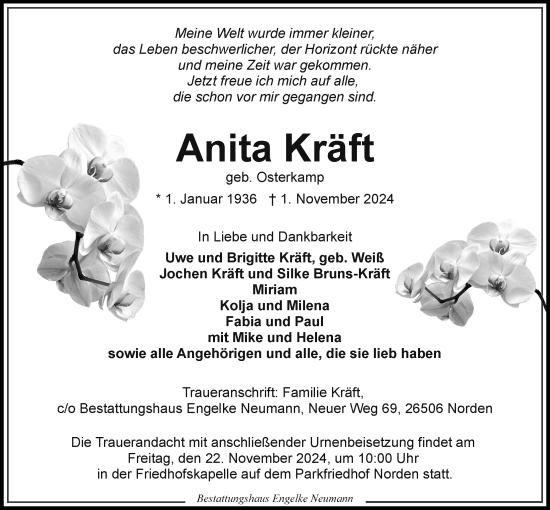 Traueranzeige von Anita Kräft von Ostfriesischer Kurier