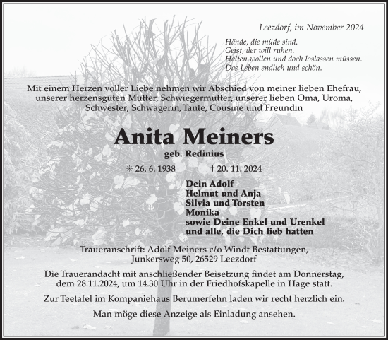 Traueranzeige von Anita Meiners von Ostfriesischer Kurier