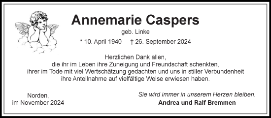 Traueranzeige von Annemarie Caspers von Ostfriesischer Kurier