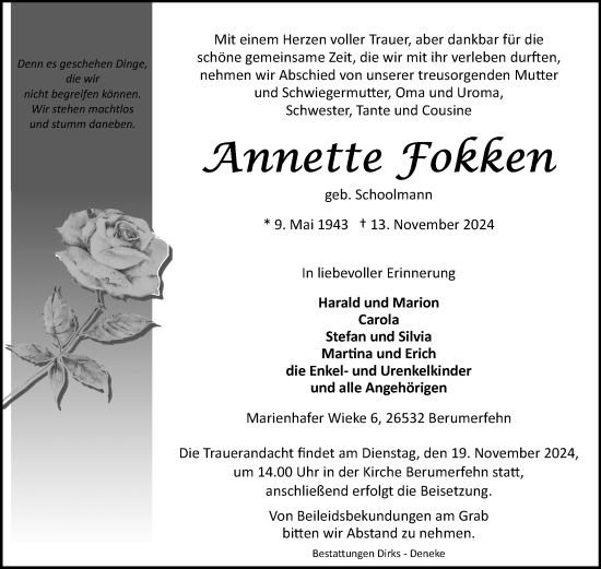 Traueranzeige von Annette Fokken von Ostfriesischer Kurier